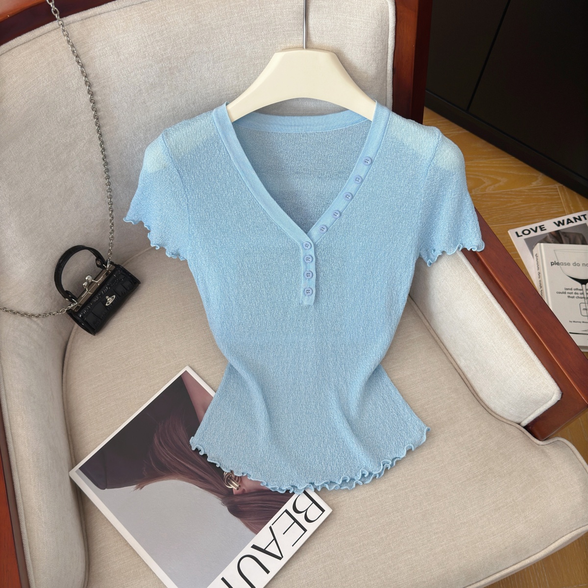 Women's V-Neck Ruffle Trim Knit Top Slim Fit Short Sleeve Summer 2026